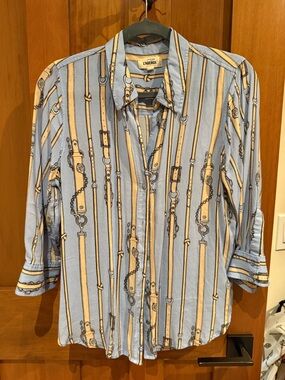 L'AGENCE Blue Striped Equestrian-Print Button-Down Shirt chain/bridle print Latg